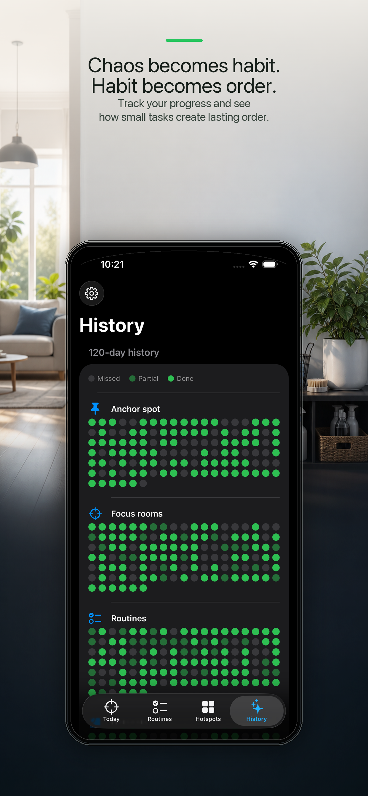 Puria app screen showing routines that turn household chaos into order