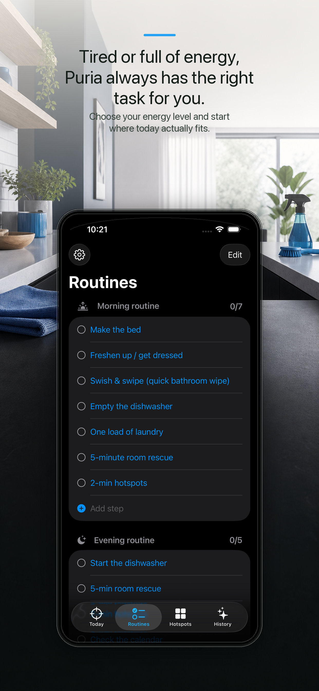 Puria app screen showing cleaning routines filtered by energy level