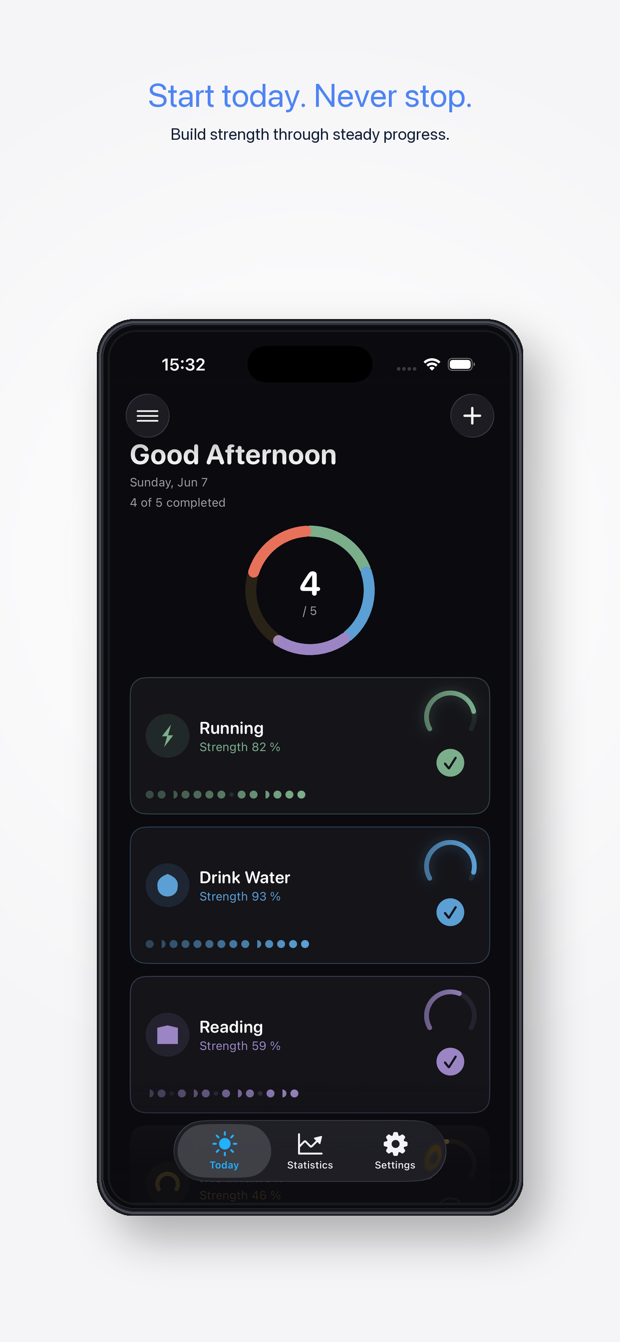 Wachsen – Today screen with daily habits